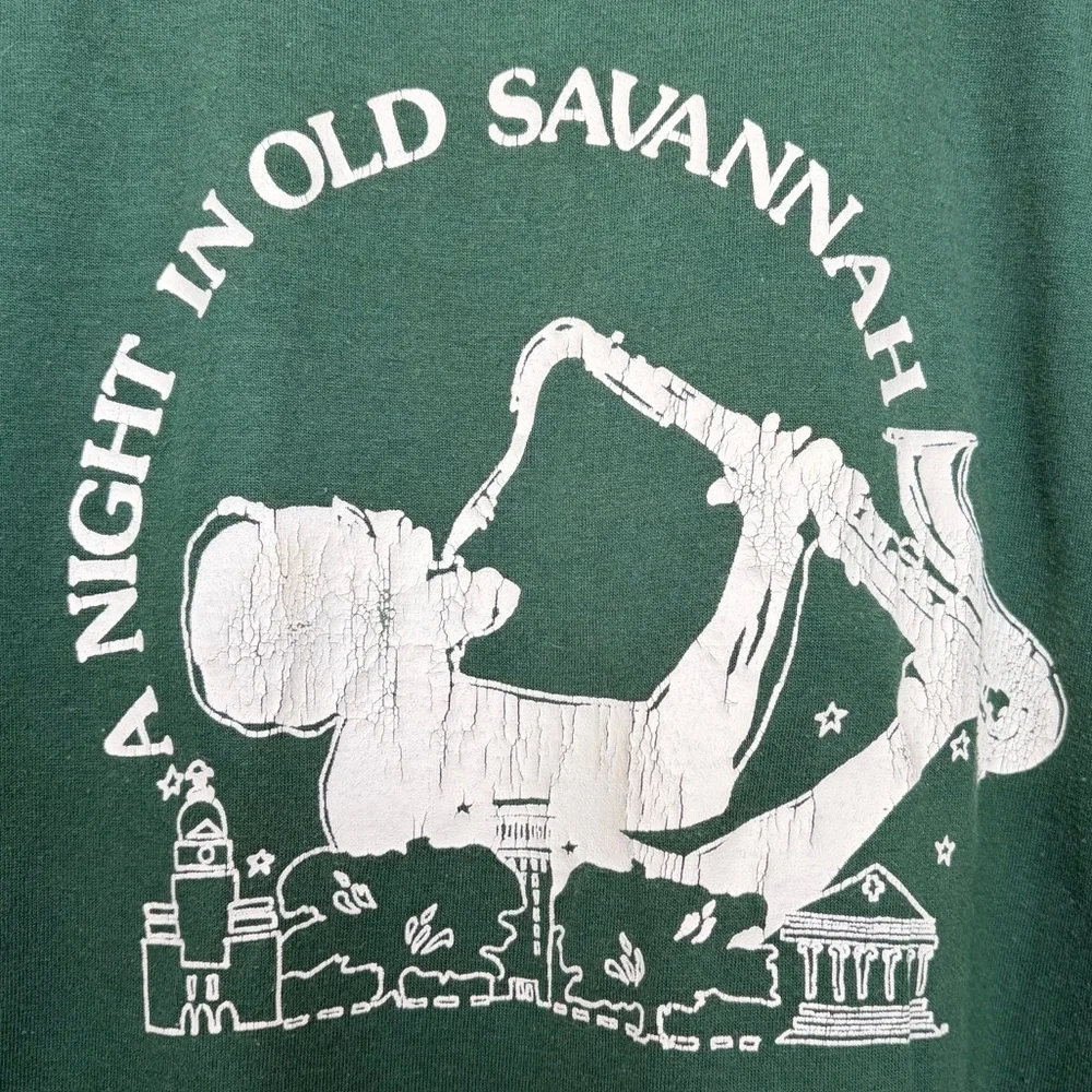 VTG 80S A NIGHT IN OLD SAVANNAH JAZZ GREEN GRAPHIC SINGLE STITCH TSHIRT MEN L - Picture 2 of 4
